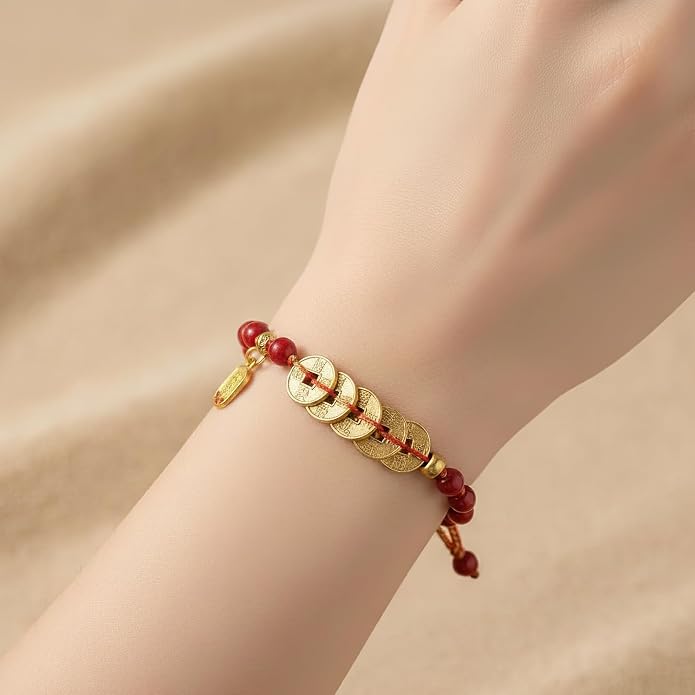 Feng Shui Cinnabar Bracelet - Five Emperor Coins Wealth Amulet - Red String Protection Jewelry for Women & Men - Good Luck Money Coin Beaded Adjustable Gift