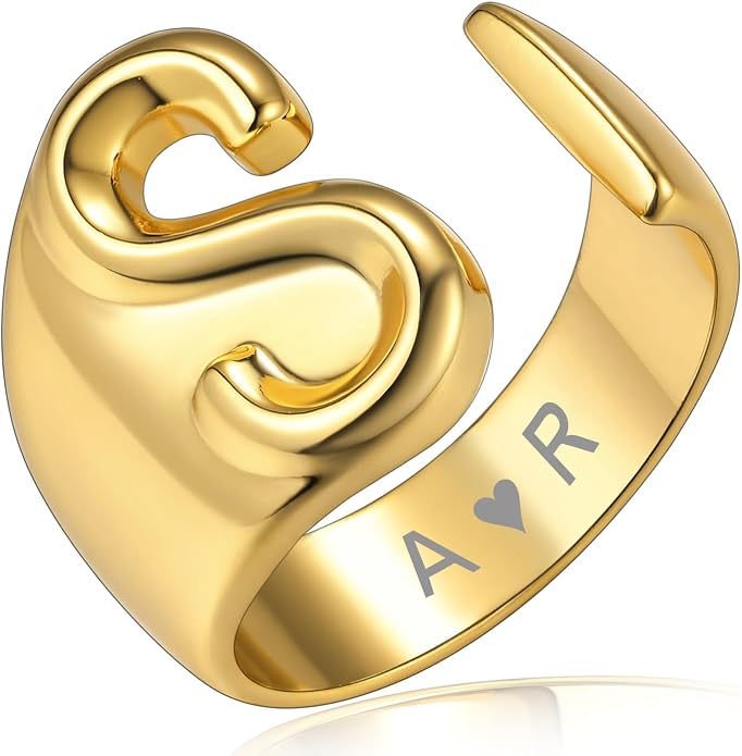 KeyStyle Bold Initial Letter Rings Adjustable, GoldChic Jewelry Women Gold Statement Ring Personalized Engraved Women’s Open Signet Ring for Party (Gold, White Gold, Black)
