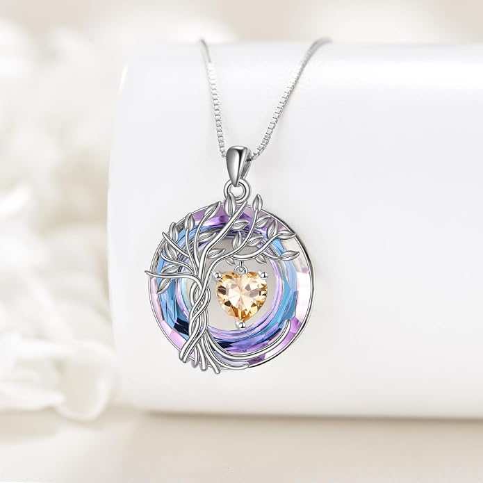 POPLYKE Mothers Day Gifts for Mom Her Wife Tree of Life Necklace 925 Sterling Silver Birthstone Pendant with Crystal Anniversary Birthday Wedding Jewelry for Women