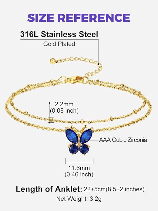 Richsteel Double Layer Heart/Butterfly Birthstone Anklet for Women Non Tarnish Waterproof, Silver/Gold/Black Stainless Steel 8.5-10.5 Inch Adjustable Chain Anklets Jewelry Gifts for Her