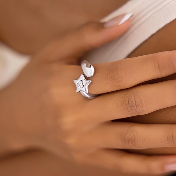 Chunky Gold Rings for Women Stainless Steel Non Tarnish Star&Heart Cubic Zirconia Teardrop Ring 18K Gold Plated Statement Dome Rings Stackable Jewelry for Women