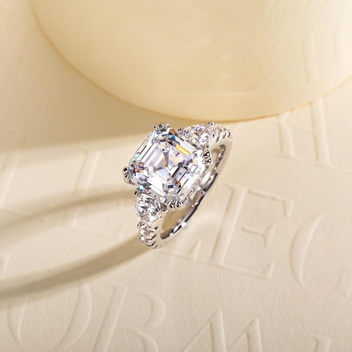 3ct-7ct Cubic Zirconia 3 Stones Engagement Rings 5A Grade Simulated Diamond Cushion Cut/Emerald Cut/Asscher Cut/Heart Cut CZ Anniversary Promise Wedding Rings for Women