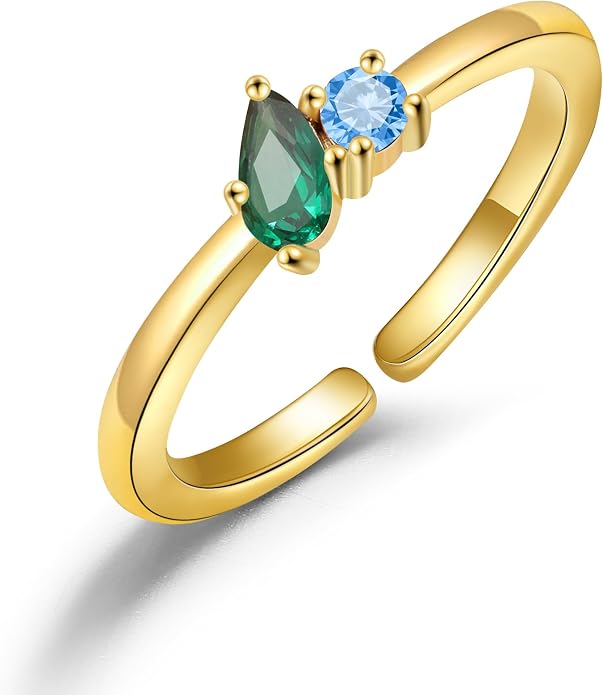 JSJOY Birthstone Rings for Women Dainty Emerald Blue Ring Birthday Gifts for Mom Her Gemstones CZ Ring for Teens Gold Rings That Don't Tarnish Adjustable Ring Jewelry Gifts
