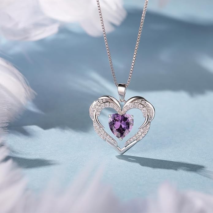 Heart Necklaces for Women Mother's day Gifts, Birthstone 925 Sterling Silver Angel Wings Love Pendant Necklaces for Women, Jewelry Gifts for Wife, Anniversary, Birthday