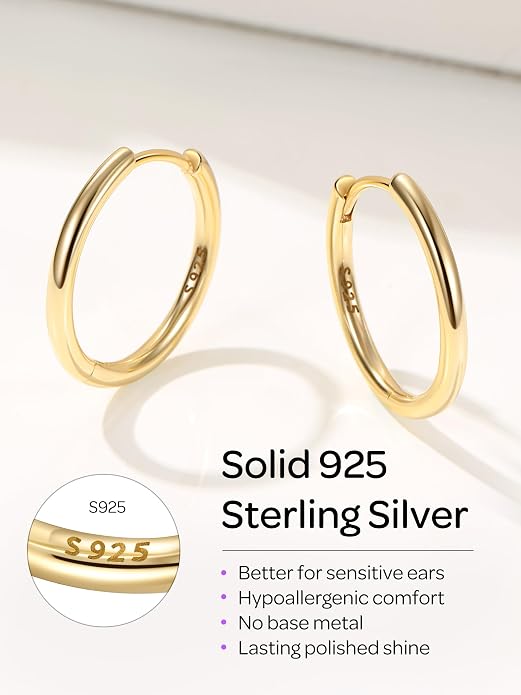 ChicSilver Sterling Silver Hoop Earrings for Women Hypoallergenic 925 Sterling Silver Huggie Earrings for Women Dainty Earring (8/10/12/14/16/18/20MM)