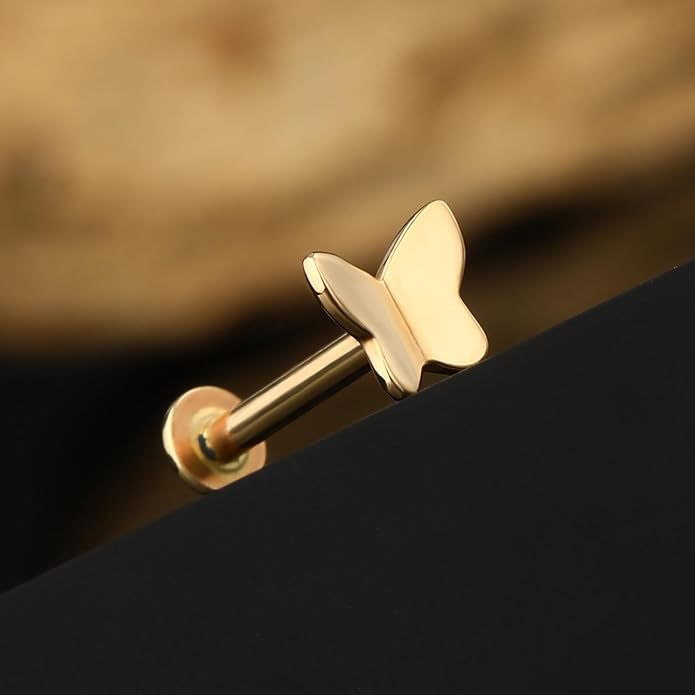 Jewseen 9K Real Solid Yellow Gold Butterfly Stud Earring Flat Back Internal Threaded 16G 8mm Gorgeous Fine Piercing Jewelry for Auricular Cartilage Helix Tragus Lobe Lip