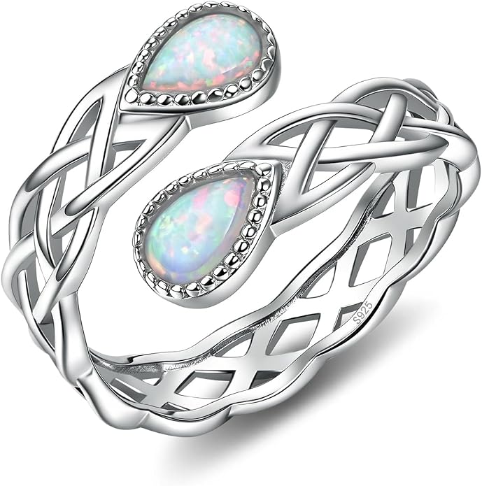 Opal Rings for Women 925 Sterling Silver Celtic Knot Ring | Adjustable Open Ring, Promise Ring, Engagement Ring, Hypoallergenic Jewelry Gift for Women