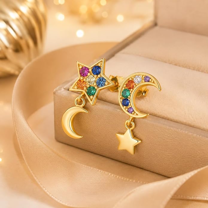 Blacklily 925 Sterling Silver Star Moon Earrings for Women, Gold Plated Asymmetrical Celestial Dangle Stud Earrings with Colorful Cubic Zirconia, Hypoallergenic Cute Jewelry Gifts