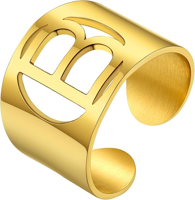KeyStyle Bold Initial Letter Rings Adjustable, GoldChic Jewelry Women Gold Statement Ring Personalized Engraved Women’s Open Signet Ring for Party (Gold, White Gold, Black)