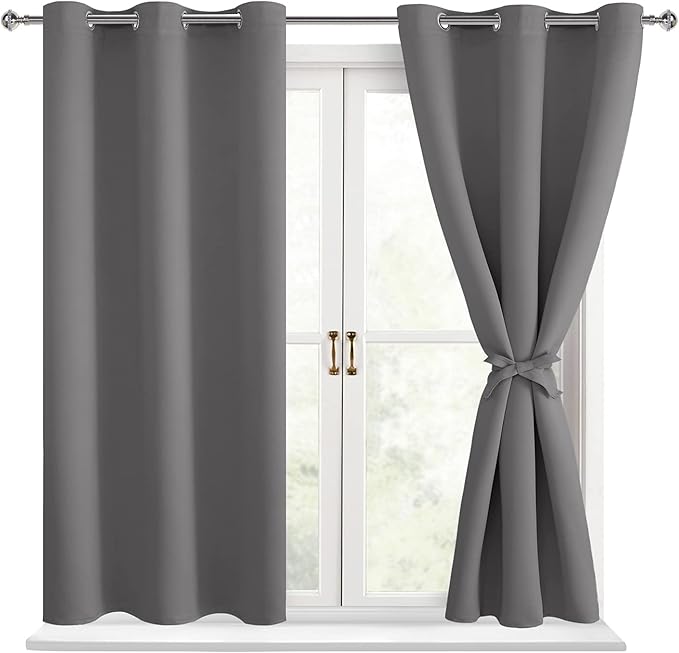 Hiasan Short Blackout Curtains for Bedroom - Thermal Insulated & Light Blocking Window Curtains for Living Room, 2 Drape Panels Sewn with Tiebacks, Light Grey, 42 x 45 Inch