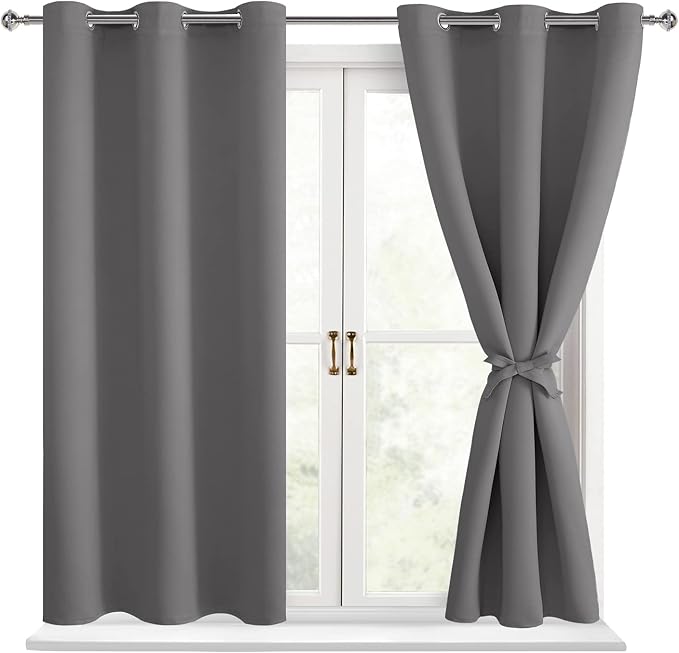 Hiasan Short Blackout Curtains for Bedroom - Thermal Insulated & Light Blocking Window Curtains for Living Room, 2 Drape Panels Sewn with Tiebacks, Light Grey, 38 x 45 Inch