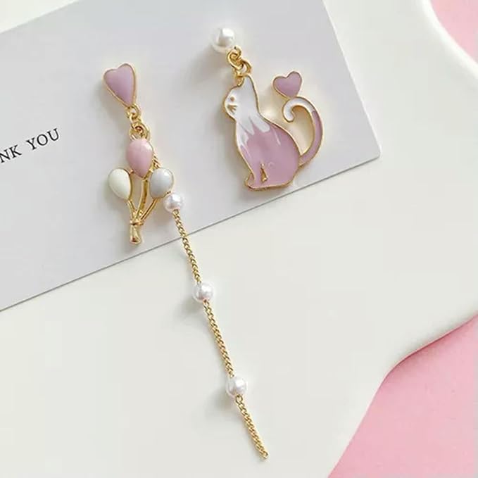 Cute Asymmetric Cat Moon Flower Long Tassel Stud Dangle Earrings Women Jewelry-Cat & Flower Fan