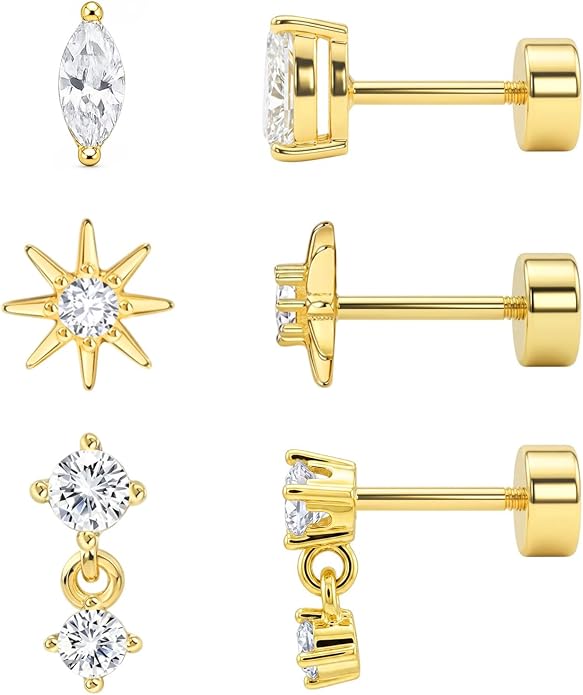 3 Pairs 20G Flat Back Earrings, G23 Titanium Hypoallergenic CZ Studs, 14K Gold Cartilage Helix Tragus Conch Piercing Jewelry for Women