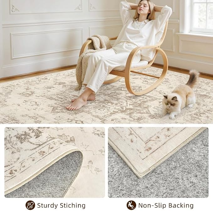 Machine Washable Area Rugs 2x3: Vintage Boho Neutral Washable Rug Indoor Soft Small Entryway Throw Carpet for Living Room Bedroom Kitchen Laundry Floor Non-Slip Low Pile Entrance Rug Beige/Ivory