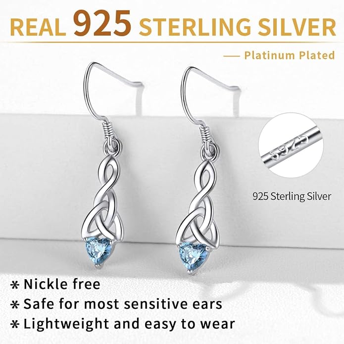 ChicSilver Sparkling Heart Birthstone 925 Sterling Silver Celtic Knot Dangle Hook Earrings (with Gift Box)