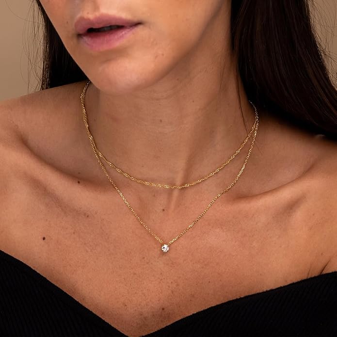 Galis Dainty Necklace - Silver, Gold Plated 18" Choker for Women with Dainty Small Round Faux Diamond Necklace Pendant, Necklaces Women with CZ Solitaire Lobster Clasp, Minimalist Gift