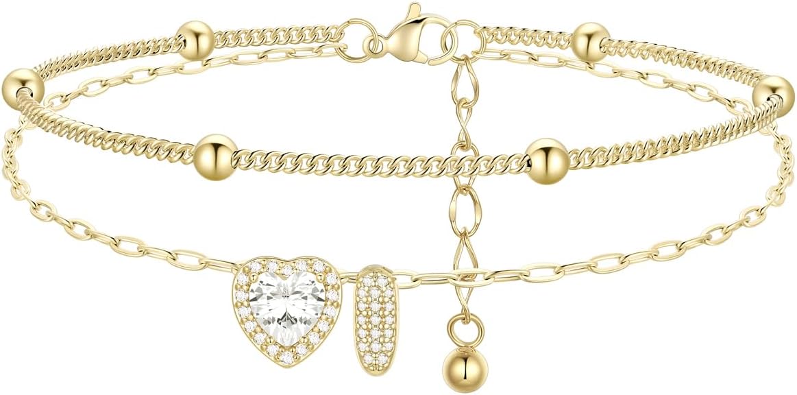 FindChic Silver/14K Gold Plated Layered CZ Initial Ankle Bracelet for Women | Waterproof Stainless Steel, Cubic Zirconia Letter Charm, Non-Tarnish, Hypoallergenic, Adjustable Extender, Summer Jewelry