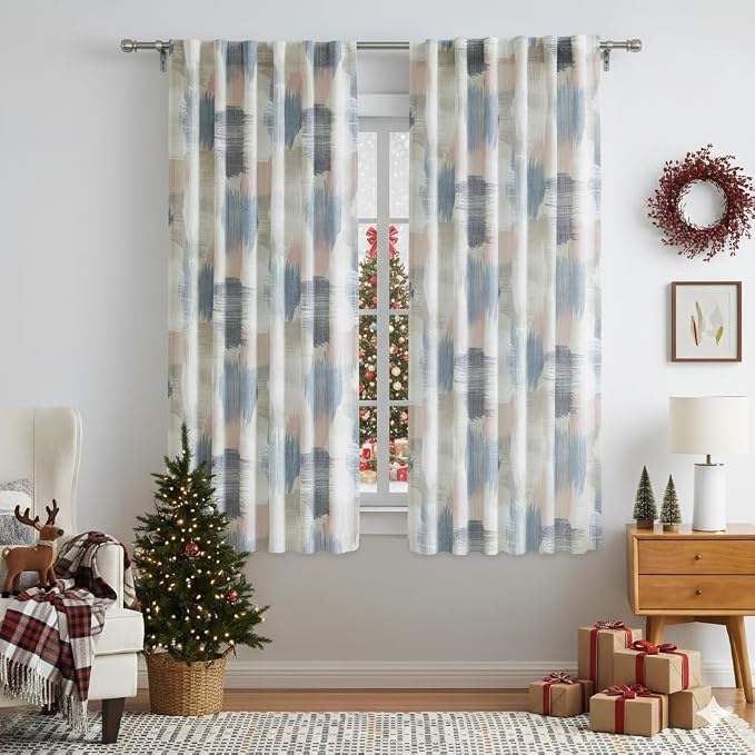 Kayne Studio Farmhouse Colorful Curtains with Backtab and Rod Pocket,Semi Sheer Light Filtering Living Room Curtains, Abstract Painting and Watercolor Ink Boho Drapes,Pink and Blue,52W x 63L,2 PK
