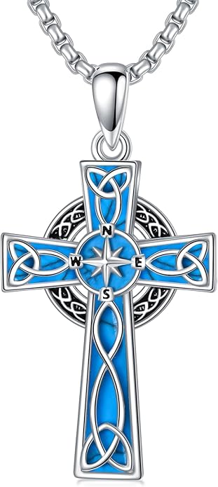 HPQQ Cross Necklace 925 Sterling Silver Turquoise Tree of Life Celtic Knot Cross Pendant Jewelry Mother's Day Gifts for Women