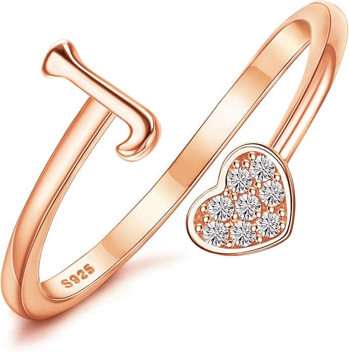 MILACOLATO 925 Sterling Silver Initial Rings for Women Teen Girl 18K Gold Plated Heart Initial Rings Adjustable Capital Letter Ring Stackable Thumb Pinky Rings for Daughter Birthday Bridesmaid Gifts Jewelry, A to Z