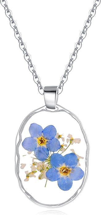 AUNTESIGN Forget-Me-Not and Queen Anne's Lace Pressed Wildflower Necklace | Birth Month Flowers Necklace | Gold/Silver Pressed Flower Jewelry | Mother's Day | Gift For Her