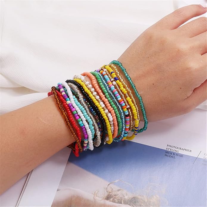 17Pcs Elastic Beaded Bracelets Colorful Bohemian Stackable Beaded Bracelet Beach Bracelet Anklet Set Rainbow Handmade Seed Bracelet Jewelry for Women