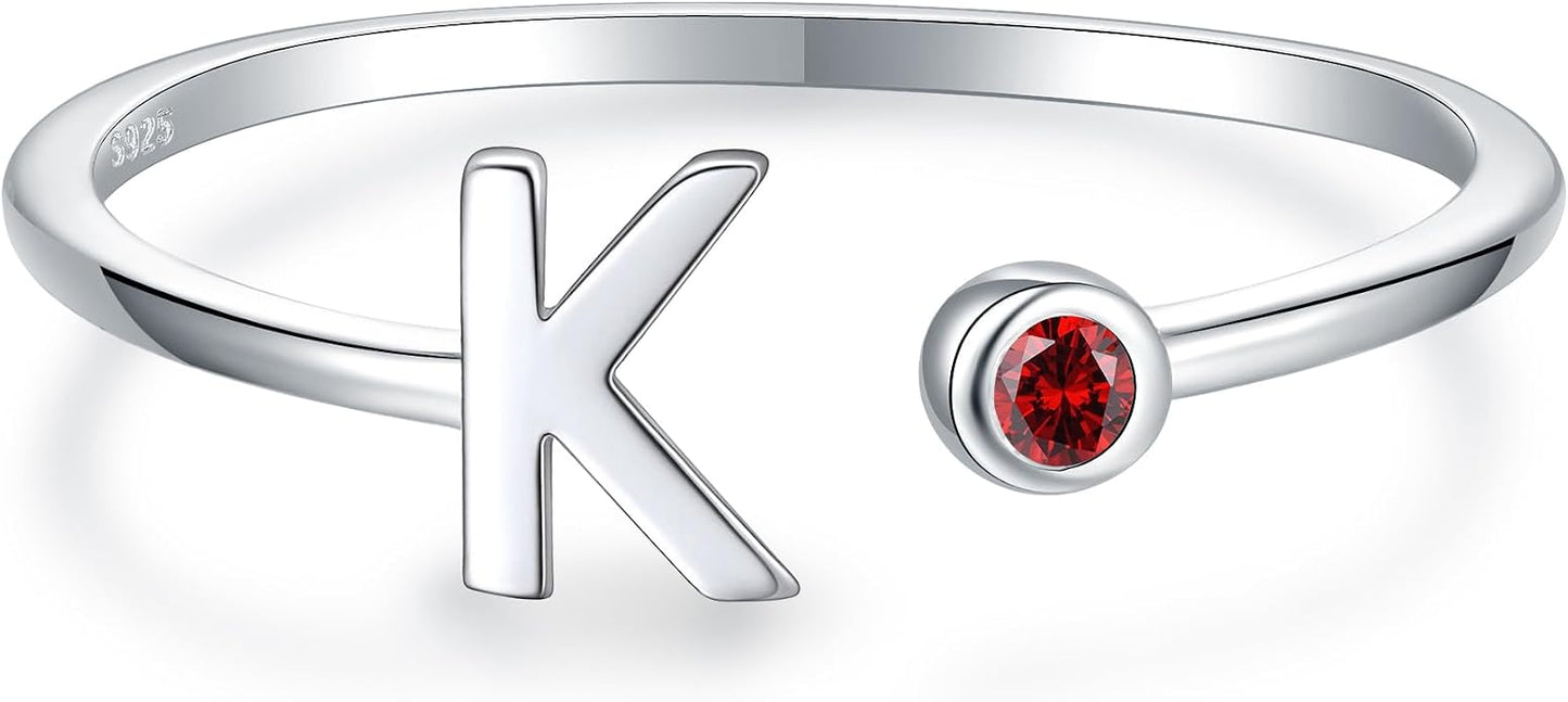 925 Sterling Silver Initial Letter Birthstone Rings for Women Adjustable 1-12 Month Birthstone Alphabet Stacking Ring for Teens Girls Stackable Birthstone Rings Birthday Jewelry Gift for Daughter Mom
