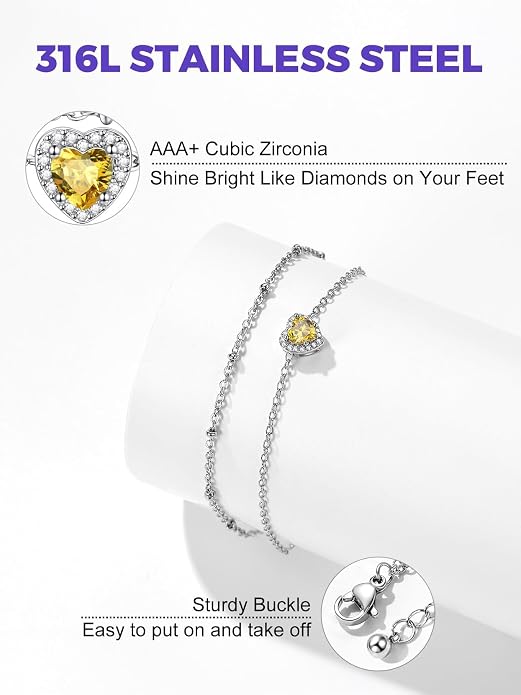 Richsteel Double Layer Heart/Butterfly Birthstone Anklet for Women Non Tarnish Waterproof, Silver/Gold/Black Stainless Steel 8.5-10.5 Inch Adjustable Chain Anklets Jewelry Gifts for Her