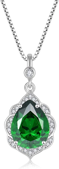 Fahonie Birthstone Necklace for Women 925 Sterling Silver Teardrop Gemstone Pendant Necklace Anniversary Birthday Christmas Cubic Zirconia Jewelry Gifts for Women Mom