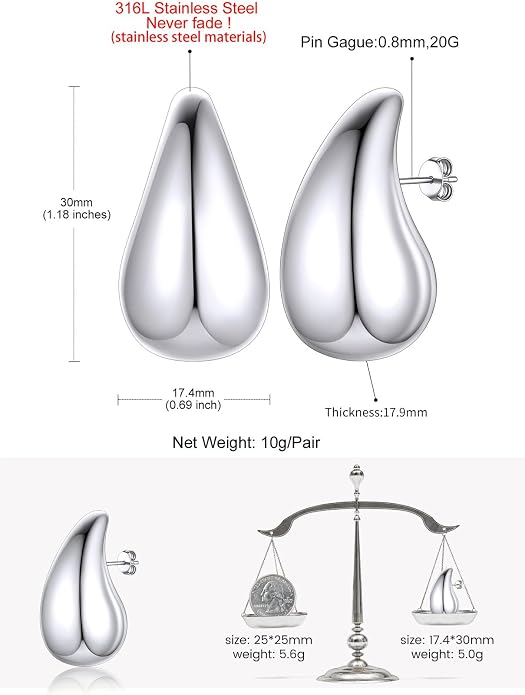 KeyStyle Chunky Gold Hoop Earrings for Women Trendy, Stainless Steel TearDrop Hoops Earring, Lightweight Water Drop Ear Jewerly