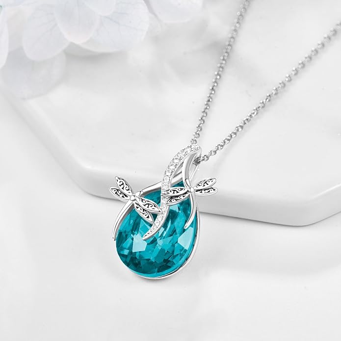 PRAYMOS S925 Sterling Silver Birthstone Necklaces for Women Dainty CZ Necklace Dragonfly Pendant Minimalist Jewelry Gift
