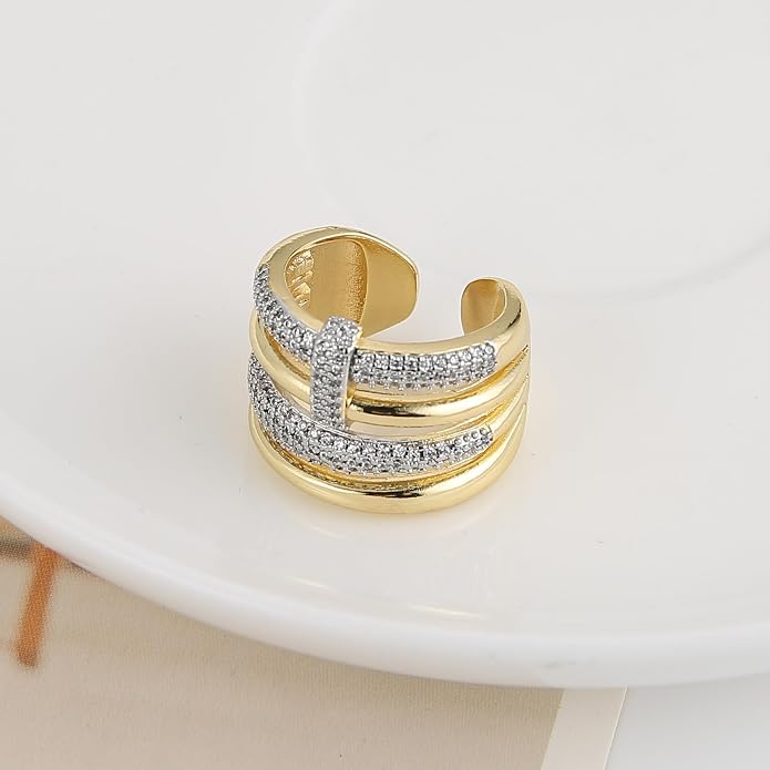 HZMAN 14K Gold Plated Brass Open Ring Collection for Women, Non-Adjustable Crystal Inlay Statement Rings, Wide Band Cocktail Jewelry Assorted Styles