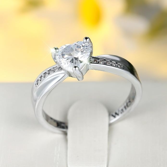 Women's Round Heart-shaped Zircon Ring with Inner Letter Engraving – Elegant Micro-Pavé Proposal Wedding Band, 0.8cm Solitaire Stone, White Gold Plated Brass