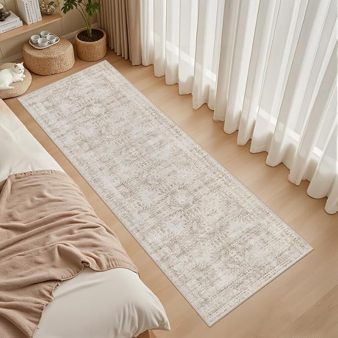 2'6''x8' Hallway Washable Runner Rug: Vintage Boho Neutral Kitchen Rug Soft Small Area Rug Indoor Floor Non-Slip Low Pile Carpet for Farmhouse Entryway Laundry Bathroom Bedroom Beside Rugs Brown