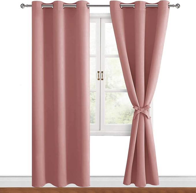Hiasan Blackout Curtains for Bedroom, 38 x 84 Inches Long - Thermal Insulated & Energy Saving Window Curtains for Living Room, 2 Drape Panels Sewn with Tiebacks, Dusty Rose