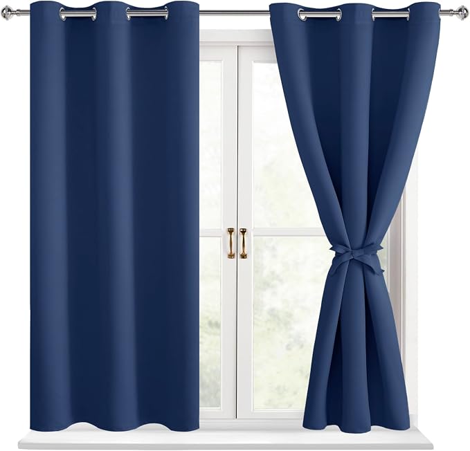 Hiasan Short Blackout Curtains for Bedroom - Thermal Insulated & Energy Saving Window Curtains for Living Room, 2 Drape Panels Sewn with Tiebacks, Navy, 42 x 45 Inch