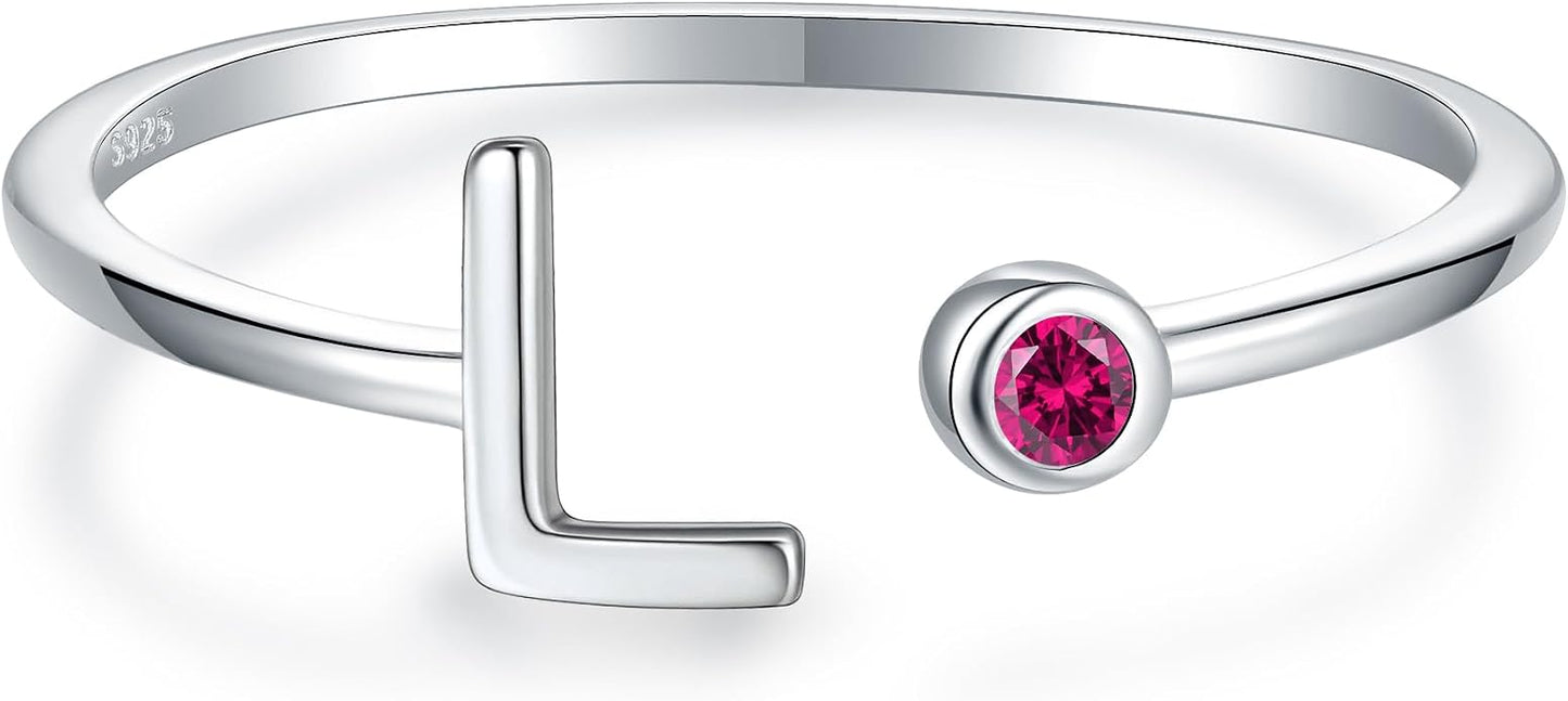 925 Sterling Silver Initial Letter Birthstone Rings for Women Adjustable 1-12 Month Birthstone Alphabet Stacking Ring for Teens Girls Stackable Birthstone Rings Birthday Jewelry Gift for Daughter Mom