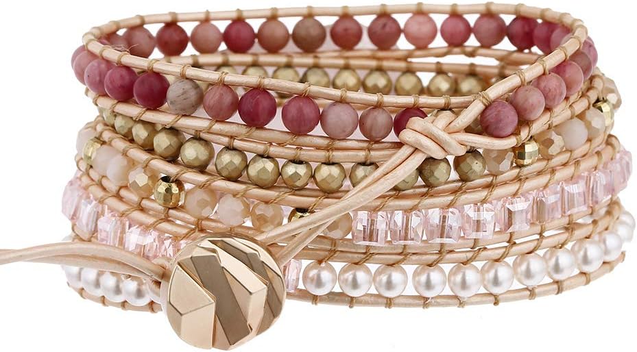 Plumiss Women Boho Handmade Natural Stone Crystal Leather Bead Wrap Bracelets Collection