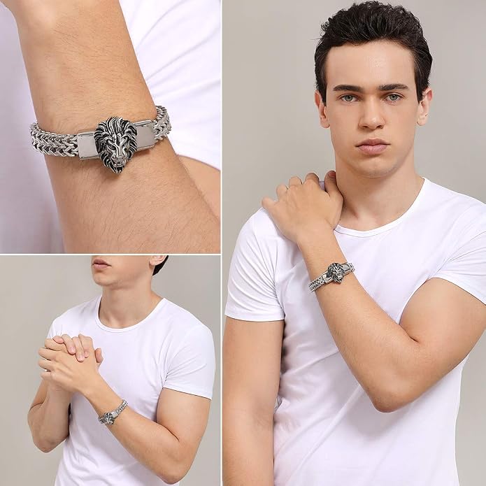 Mens Bracelet Stainless Steel Heavy 12mm Double Franco Chain Lion Head Bracelet Jewelry Men Biker…