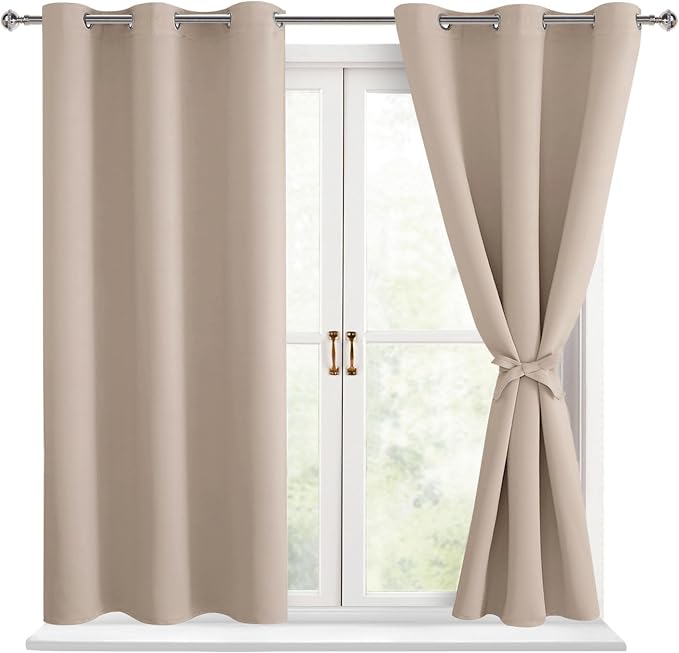 Hiasan Blackout Curtains for Bedroom - Thermal Insulated & Light Blocking Window Curtains for Living Room/Kids Room, 2 Drape Panels Sewn with Tiebacks, Camel, 42 x 45 Inch