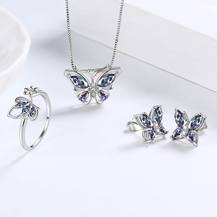 Aurora Tears Butterfly Jewelry,Women 925 Sterling Silver Butterflies Birthstone Pendant Necklace/Earrings/Rings Wedding Gift