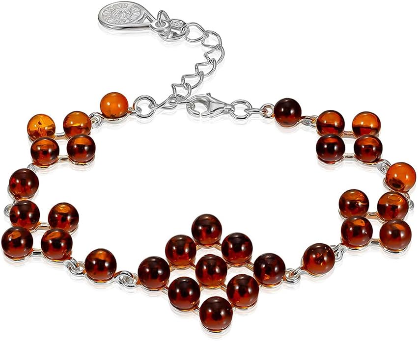 925 Sterling Silver Baltic Amber Bead Bracelet for Women — Adjustable 6.7–7.5 in, 5 mm Round Cognac Amber, Nickel-Free, Lobster Clasp