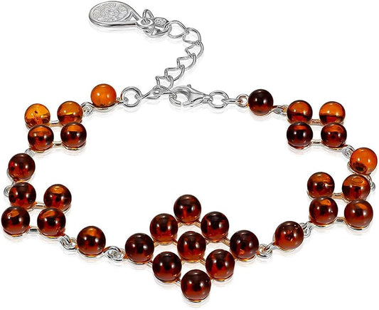 925 Sterling Silver Baltic Amber Bead Bracelet for Women — Adjustable 6.7–7.5 in, 5 mm Round Cognac Amber, Nickel-Free, Lobster Clasp