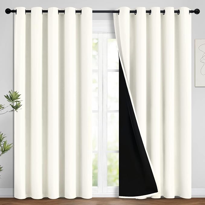 Yakamok Cream 100% Blackout Curtains 96 Inches Long for Bedroom 62" Wide | Blackout Curtain Panels for Bedroom, 2 Thick Layers Grommet Top Thermal Insulated Drapes with Black Liner for Living Room