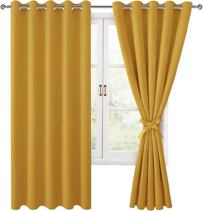 Hiasan Grommet Blackout Curtains for Bedroom, 60 x 72 Inches - Thermal Insulated & Light Blocking Window Drapes for Living Room/Dorm Room, Set of 2 Panels Sewn with Tiebacks, Mustard Yellow