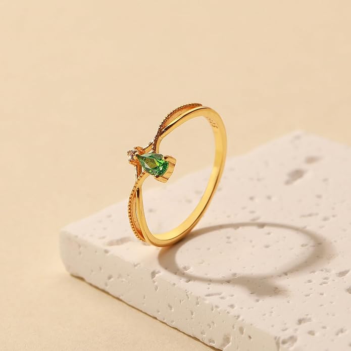 925 Sterling Silver Birthstone Ring for Women Non Tarnish Stackable Ring 14K Gold Plated Pear Teardrop Green Cubic Zirconia Crown V Engagement Promise Rings Wedding Graduation Jewelry Gifts