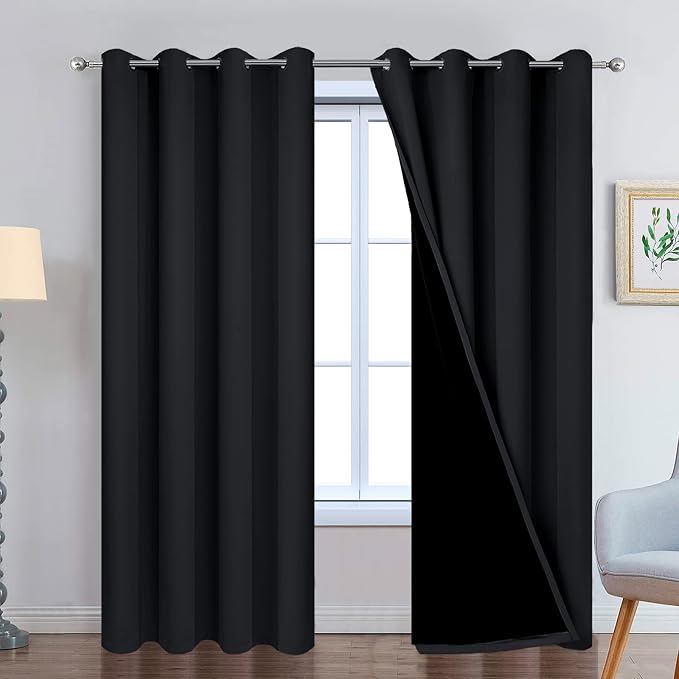 Yakamok Black 100% Blackout Curtains 84 Inches Long for Bedroom 52" Wide | Blackout Curtain Panels for Bedroom, 2 Thick Layers Grommet Top Thermal Insulated Drapes with Black Liner for Living Room