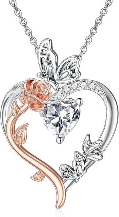 TOUPOP Rose Heart Birthstone Necklace 925 Sterling Silver Heart Butterfly Pendant Love Jewelry Birthday Gifts for Women Wife Mom Her