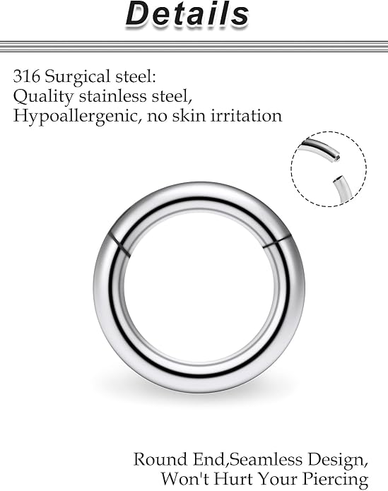 20G-2G Surgical Steel Hinged Clicker Septum Nose Rings Gauges Earrings Seamless Hoops Eyebrow Lip Ring Cliker Helix Tragus Daith Rook Earrings for Women Men