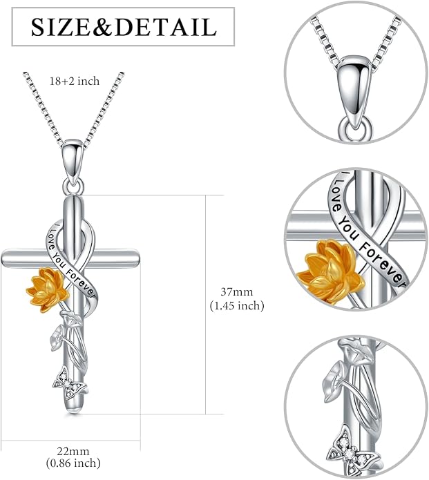 Cross Necklace for Women 925 Sterling Silver I Love You Necklace Religious Jewelry with Gift Box for Mother Daughter